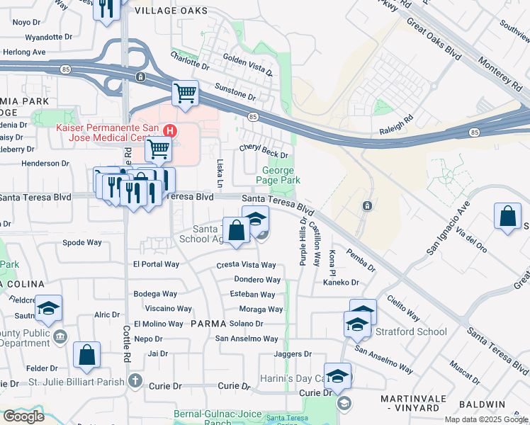 map of restaurants, bars, coffee shops, grocery stores, and more near 244 Castillon Way in San Jose