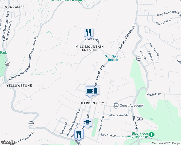 map of restaurants, bars, coffee shops, grocery stores, and more near 3121 Trent Road Southeast in Roanoke