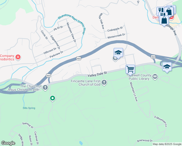 map of restaurants, bars, coffee shops, grocery stores, and more near 310 Valley Dale Street in Bluefield