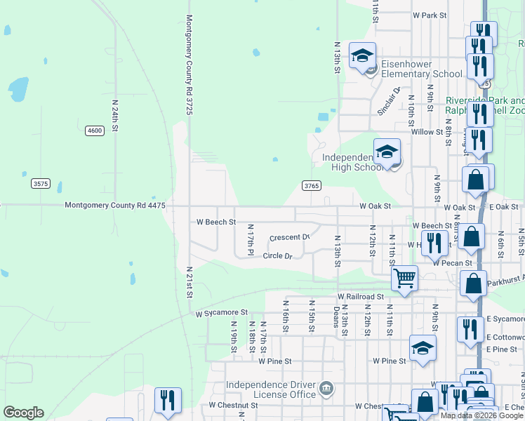 map of restaurants, bars, coffee shops, grocery stores, and more near 901-999 West Oak Street in Independence