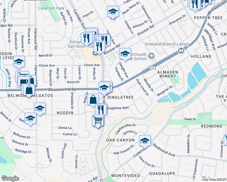 map of restaurants, bars, coffee shops, grocery stores, and more near 1584 Blossom Hill Road in San Jose