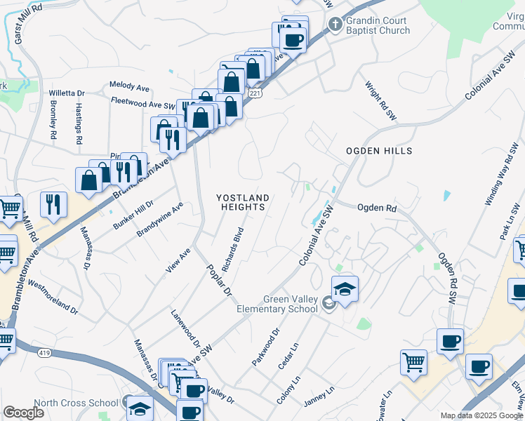 map of restaurants, bars, coffee shops, grocery stores, and more near 3431 Greencliff Road in Cave Spring