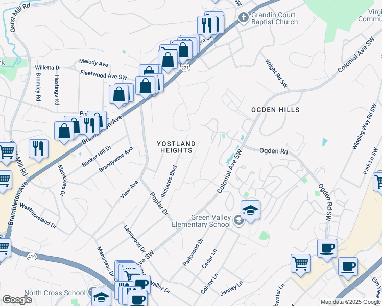 map of restaurants, bars, coffee shops, grocery stores, and more near 3431 Greencliff Road in Cave Spring