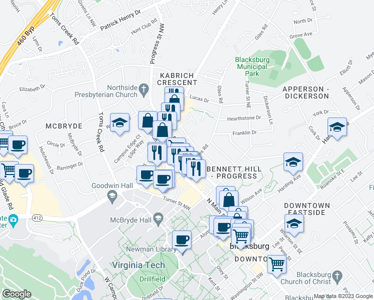 map of restaurants, bars, coffee shops, grocery stores, and more near 706 Progress Street Northeast in Blacksburg