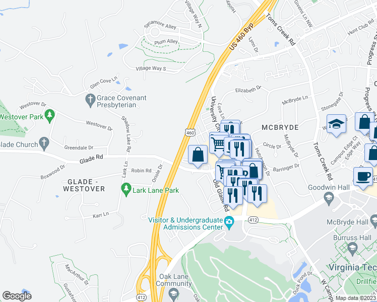 map of restaurants, bars, coffee shops, grocery stores, and more near 862 Newport Terrace in Blacksburg