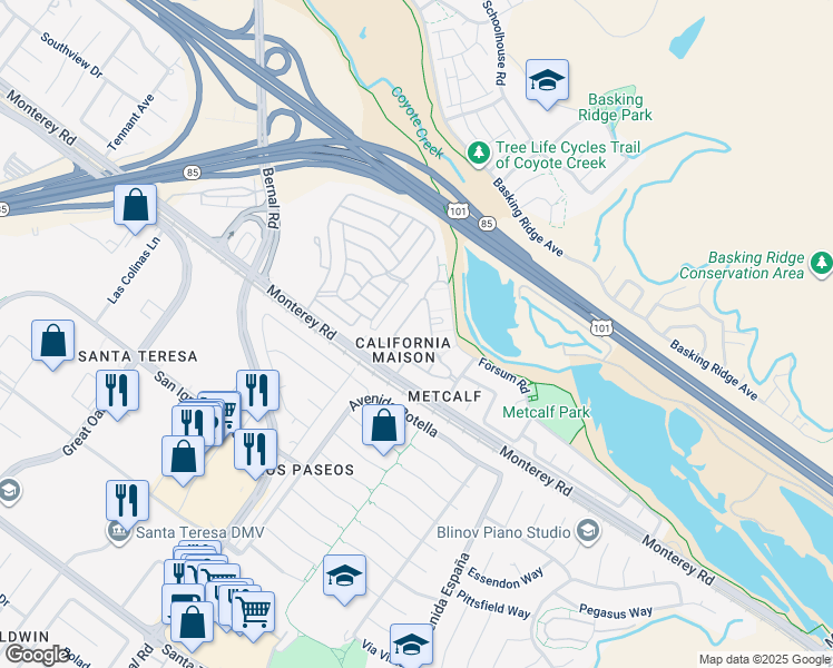 map of restaurants, bars, coffee shops, grocery stores, and more near 6945 Rodling Drive in San Jose