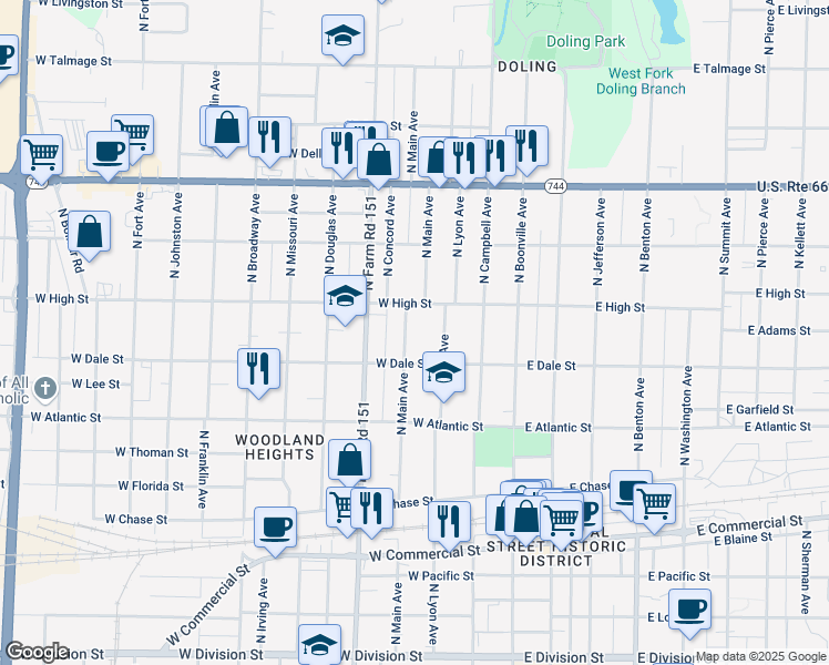 map of restaurants, bars, coffee shops, grocery stores, and more near 2134 North Main Avenue in Springfield