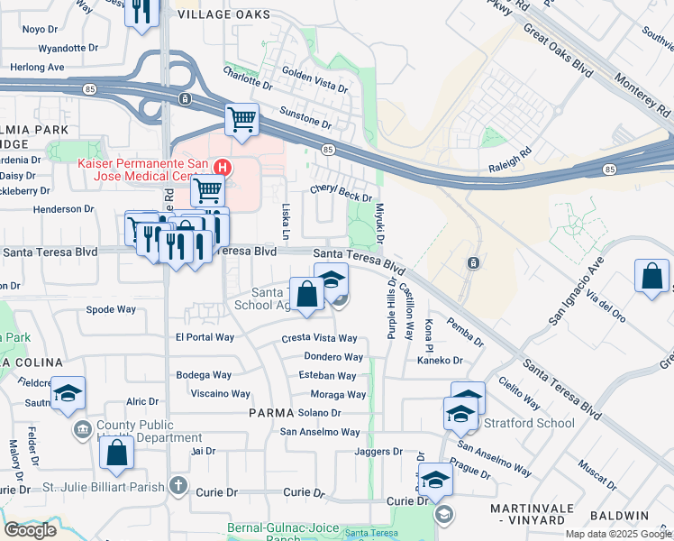 map of restaurants, bars, coffee shops, grocery stores, and more near 246 Castillon Way in San Jose