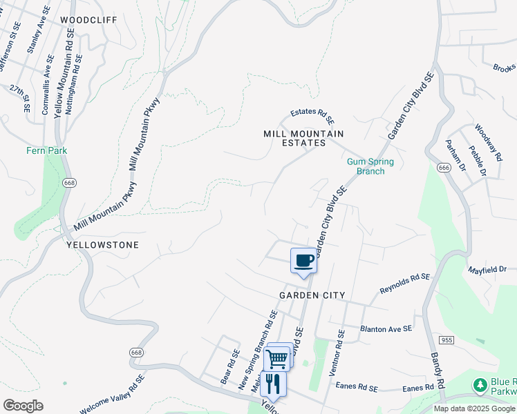 map of restaurants, bars, coffee shops, grocery stores, and more near 3137 Gum Spring Street Southeast in Roanoke