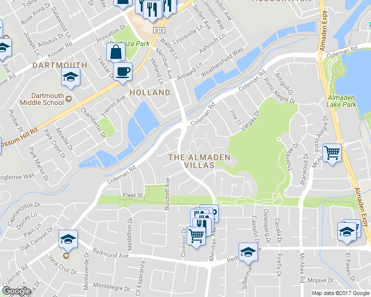 map of restaurants, bars, coffee shops, grocery stores, and more near 1493 Bullion Place in San Jose