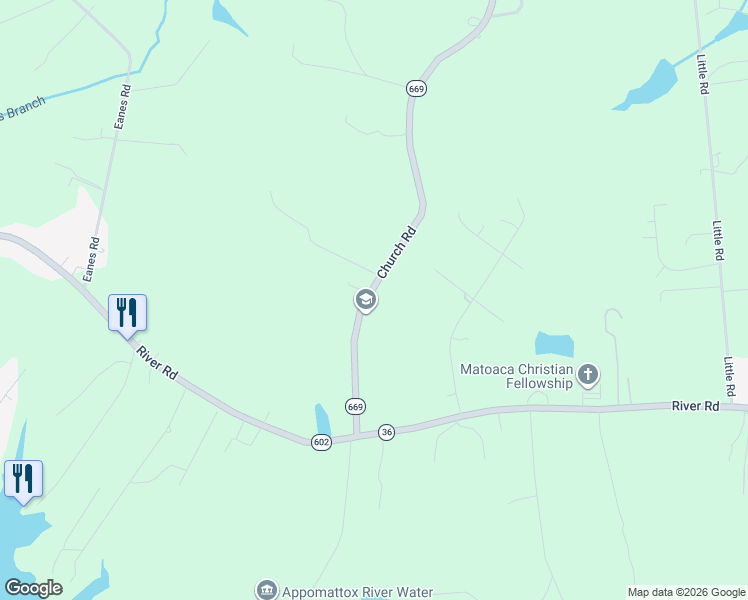 map of restaurants, bars, coffee shops, grocery stores, and more near 20422 Church Road in Petersburg