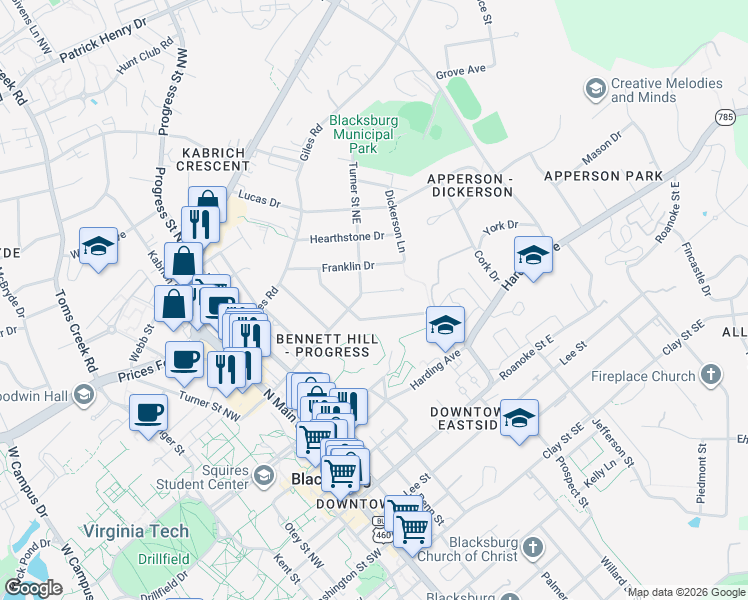 map of restaurants, bars, coffee shops, grocery stores, and more near 504 Owens St in Blacksburg