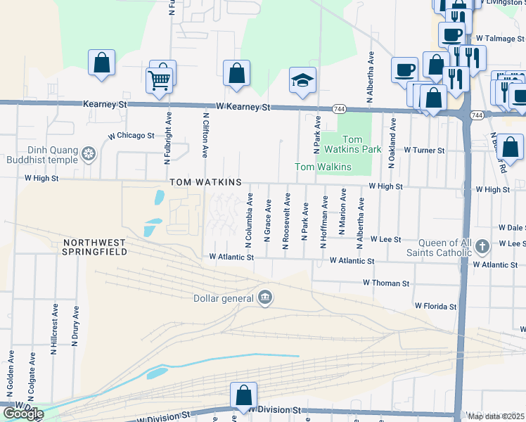 map of restaurants, bars, coffee shops, grocery stores, and more near 2074 North Columbia Avenue in Springfield