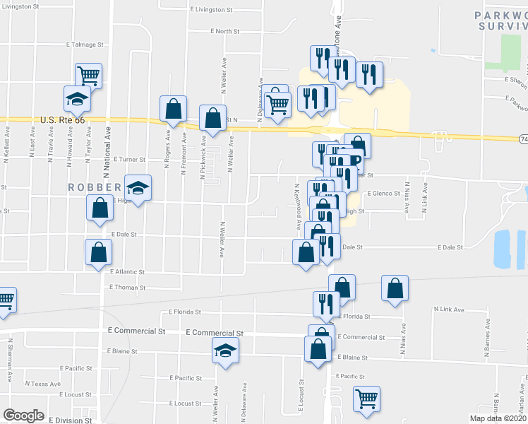 map of restaurants, bars, coffee shops, grocery stores, and more near 2146 North Adams Court in Springfield