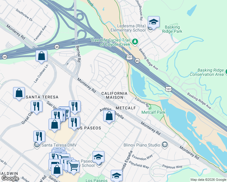 map of restaurants, bars, coffee shops, grocery stores, and more near 6957 Rodling Drive in San Jose