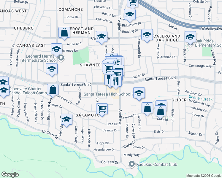 map of restaurants, bars, coffee shops, grocery stores, and more near 5899 Santa Teresa Boulevard in San Jose