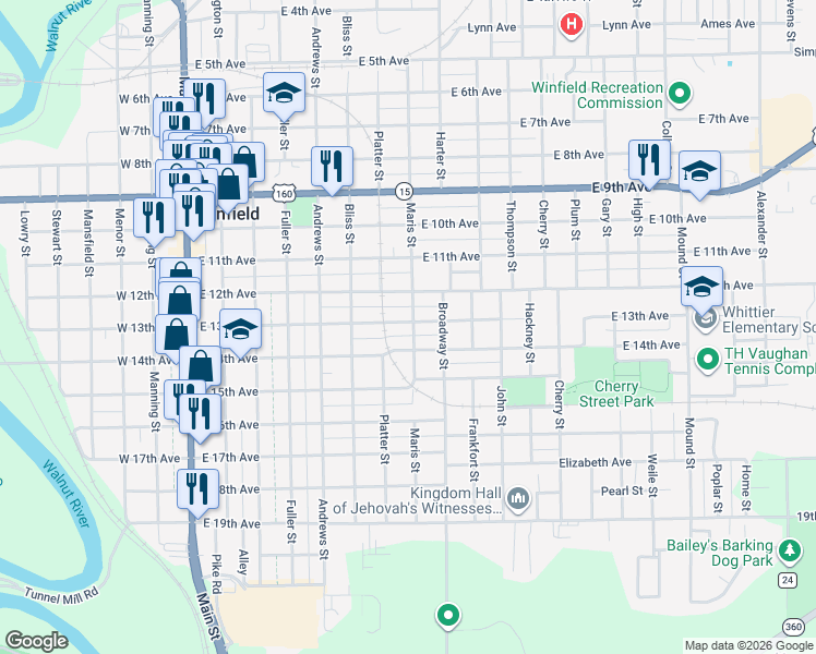 map of restaurants, bars, coffee shops, grocery stores, and more near 721 East 13th Avenue in Winfield