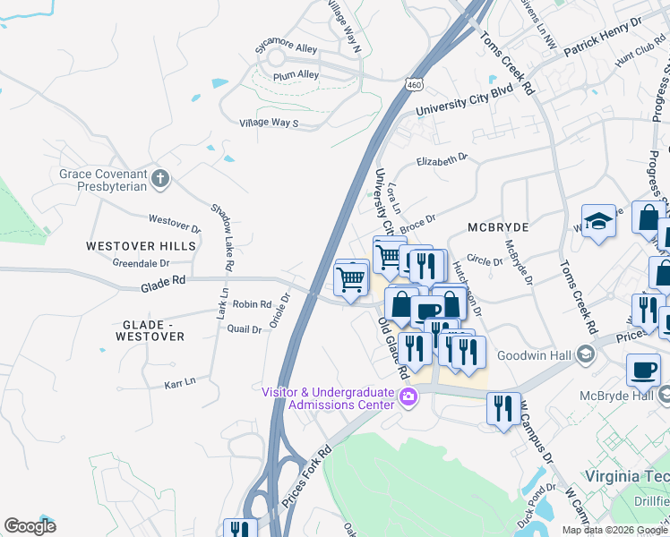 map of restaurants, bars, coffee shops, grocery stores, and more near 866 Newport Terrace in Blacksburg