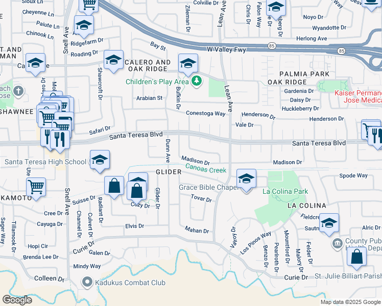 map of restaurants, bars, coffee shops, grocery stores, and more near 6145 Glen Harbor Drive in San Jose