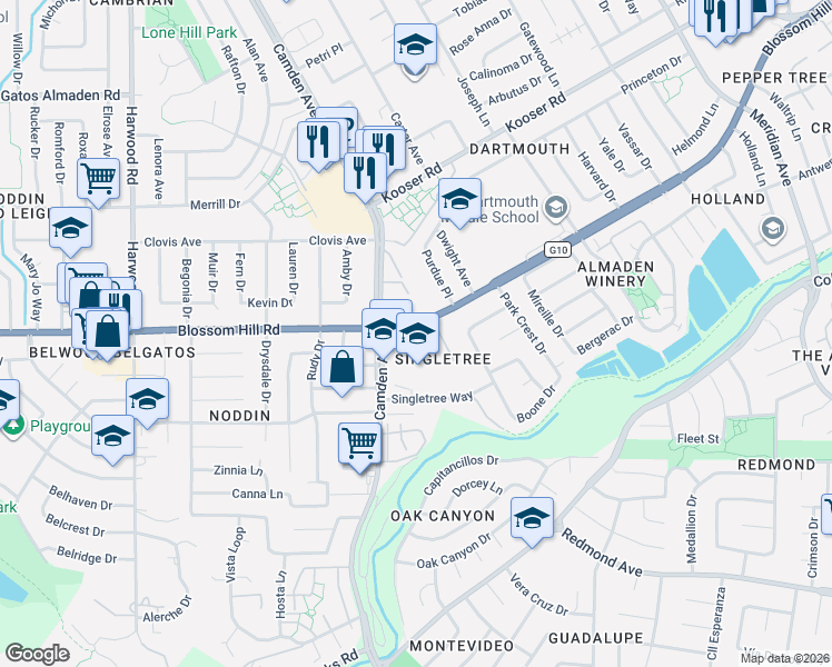 map of restaurants, bars, coffee shops, grocery stores, and more near 1584 Blossom Hill Road in San Jose