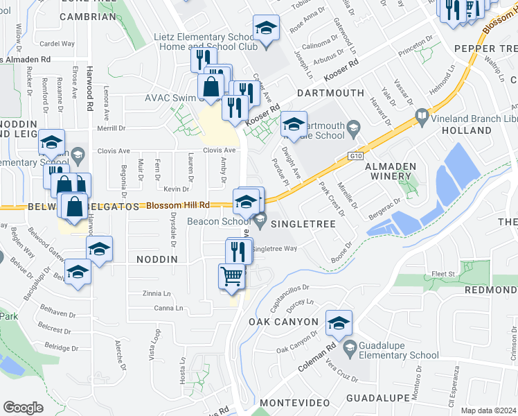 map of restaurants, bars, coffee shops, grocery stores, and more near 1584 Blossom Hill Road in San Jose