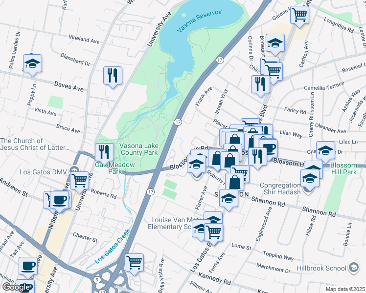 map of restaurants, bars, coffee shops, grocery stores, and more near 517 Blossom Hill Road in Los Gatos