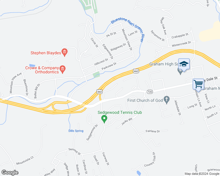 map of restaurants, bars, coffee shops, grocery stores, and more near 101 West Montvale Street in Bluefield