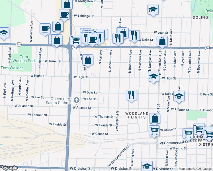 map of restaurants, bars, coffee shops, grocery stores, and more near 2117-2121 North Johnston Avenue in Springfield