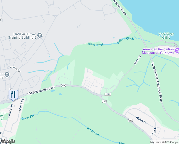 map of restaurants, bars, coffee shops, grocery stores, and more near 104 Riva Court in Yorktown