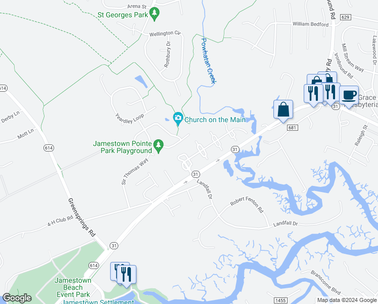 map of restaurants, bars, coffee shops, grocery stores, and more near 702 London Company Way in Williamsburg