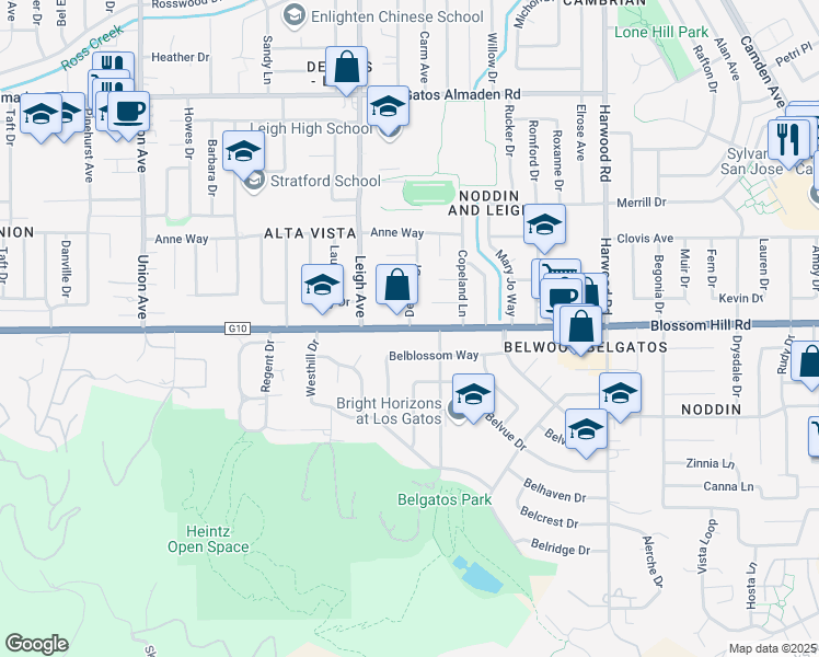 map of restaurants, bars, coffee shops, grocery stores, and more near Blossom Hill Road & Del Oro Drive in Los Gatos