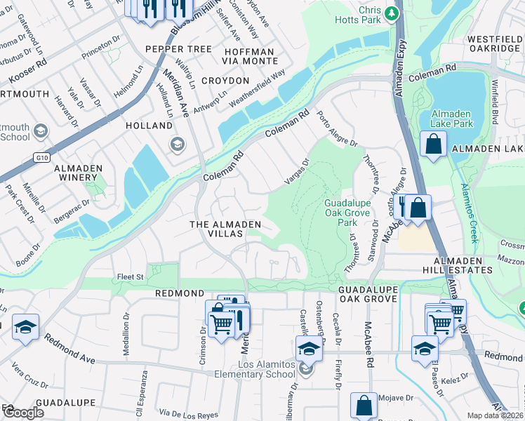 map of restaurants, bars, coffee shops, grocery stores, and more near 5944 Kyburz Place in San Jose