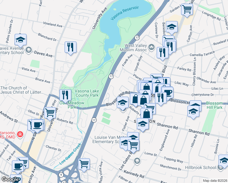 map of restaurants, bars, coffee shops, grocery stores, and more near 517 Blossom Hill Road in Los Gatos