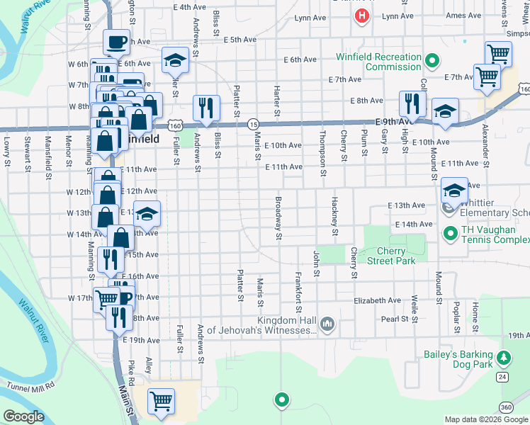 map of restaurants, bars, coffee shops, grocery stores, and more near 721 East 13th Avenue in Winfield