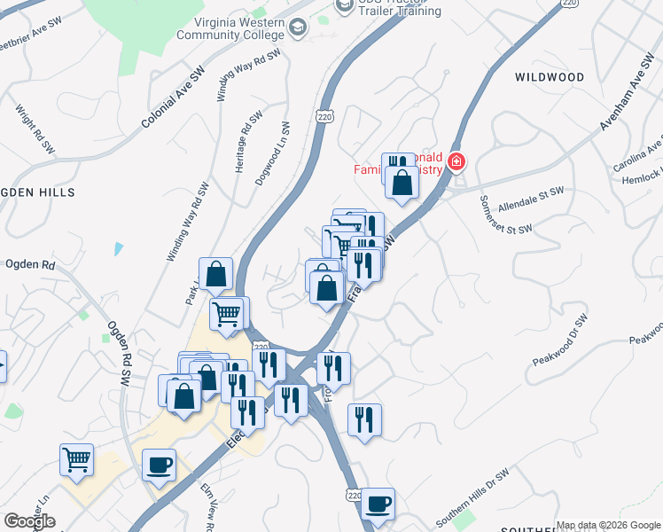 map of restaurants, bars, coffee shops, grocery stores, and more near 628 Townside Road Southwest in Roanoke