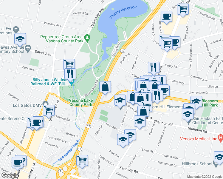 map of restaurants, bars, coffee shops, grocery stores, and more near 517 Blossom Hill Road in Los Gatos