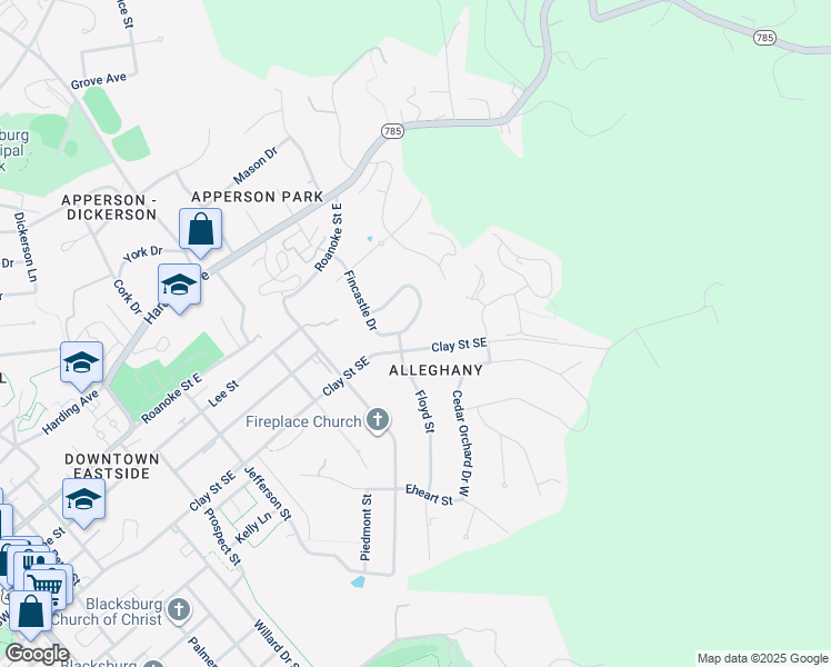 map of restaurants, bars, coffee shops, grocery stores, and more near 402 Ridgeview Drive in Blacksburg