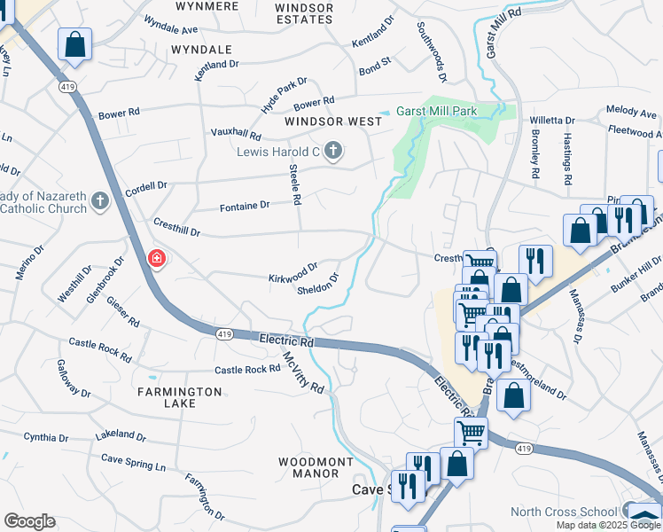 map of restaurants, bars, coffee shops, grocery stores, and more near 4337 Sheldon Drive in Cave Spring