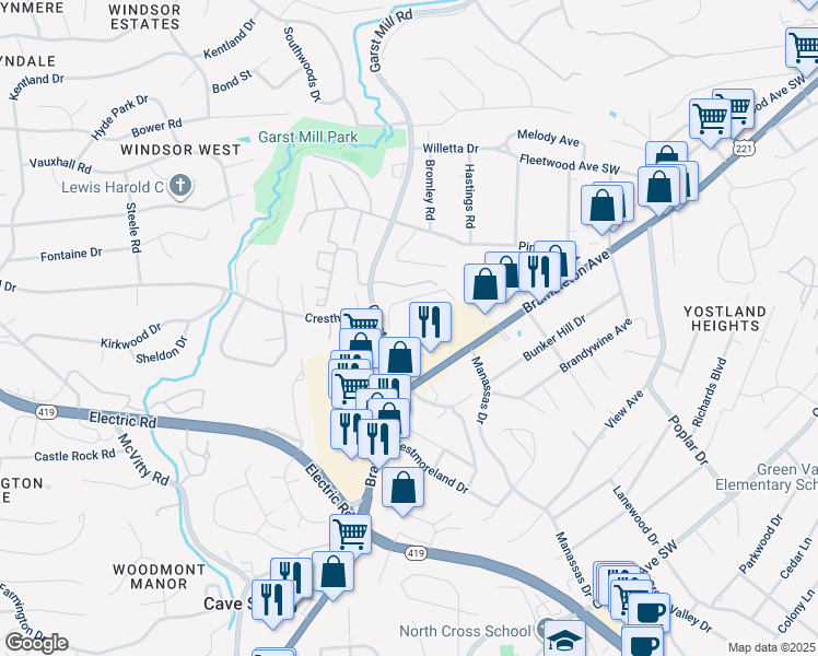 map of restaurants, bars, coffee shops, grocery stores, and more near 4656 Mill View Court in Cave Spring