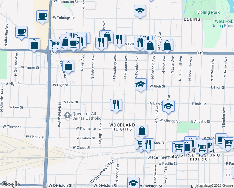 map of restaurants, bars, coffee shops, grocery stores, and more near 2132 North Broadway Avenue in Springfield