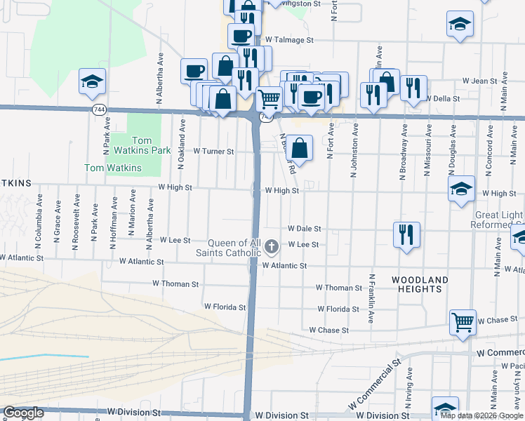 map of restaurants, bars, coffee shops, grocery stores, and more near 2114 North Kansas Expressway in Springfield