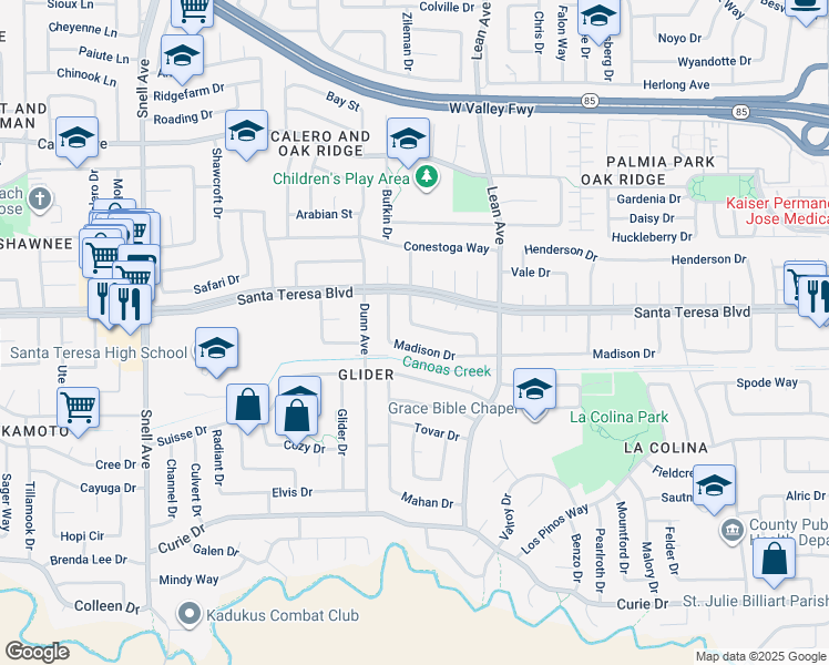 map of restaurants, bars, coffee shops, grocery stores, and more near 6145 Glen Harbor Drive in San Jose
