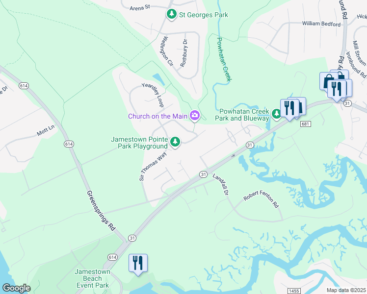 map of restaurants, bars, coffee shops, grocery stores, and more near 4620 Prince Trevor Drive in Williamsburg