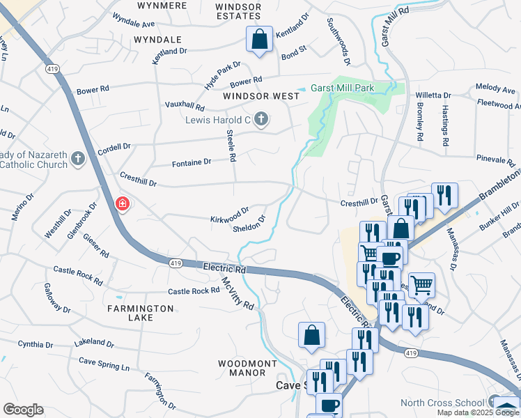 map of restaurants, bars, coffee shops, grocery stores, and more near 4337 Sheldon Drive in Cave Spring