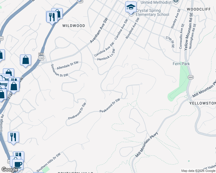 map of restaurants, bars, coffee shops, grocery stores, and more near 3173-3199 Stoneridge Road Southwest in Roanoke