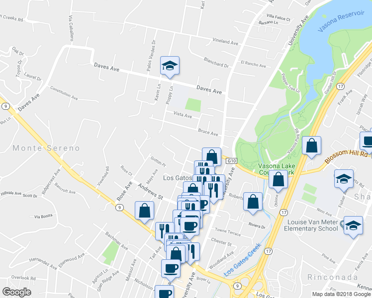 map of restaurants, bars, coffee shops, grocery stores, and more near 645 San Benito Avenue in Los Gatos