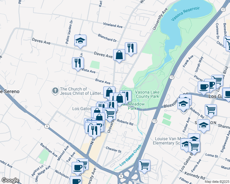 map of restaurants, bars, coffee shops, grocery stores, and more near 2 Augusta Court in Los Gatos