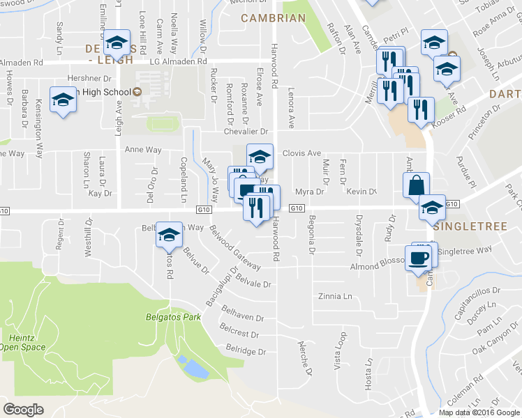 map of restaurants, bars, coffee shops, grocery stores, and more near 5599 Thureson Way in San Jose