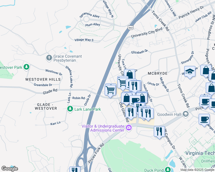 map of restaurants, bars, coffee shops, grocery stores, and more near 862 Newport Terrace in Blacksburg