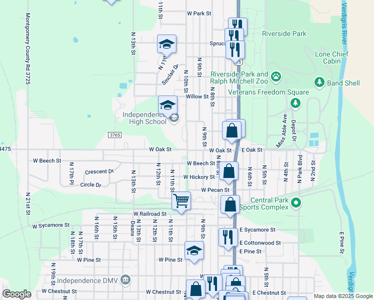map of restaurants, bars, coffee shops, grocery stores, and more near 1301 North 10th Street in Independence